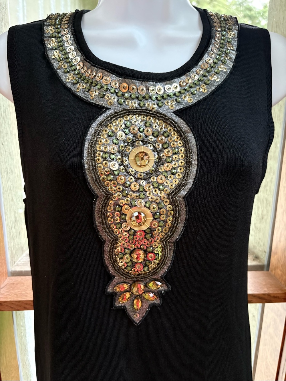 Adrienne Vittadini Black Knit Dress Sequin Jewel Embellished Egyptian Art Deco S - Picture 2 of 14